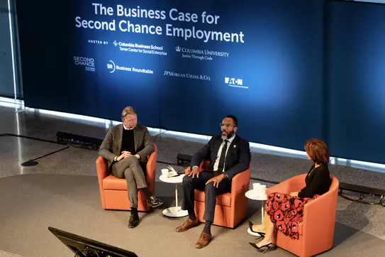 From left: Hans Vestberg, CEO of Verizon, Damien Dwin, CEO of Lafayette Square, and moderator Stephanie Ruhle of NBC News