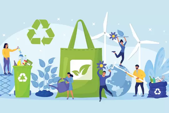 People using eco bag, sorting plastic waste for recycling. Eco friendly shopping. Zero waste. Using reusable bags to save earth environment and less resource pollution. Sustainable choice clean nature